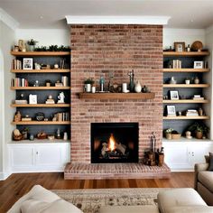 a living room with a fire place and shelves