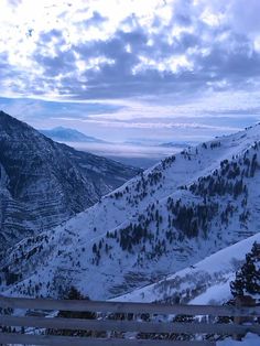 snow covered mountains and trees under a cloudy sky