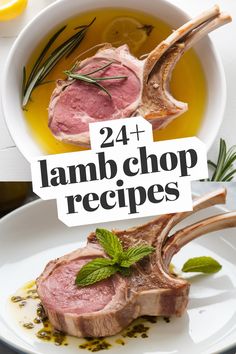 two lamb chops on a white plate with herbs and lemon in a bowl next to them