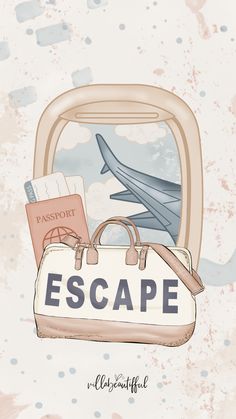 an airplane with the word escape written on it and luggage next to it in front of a window