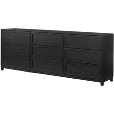 a black dresser with six drawers and two doors on one side, in front of a white background