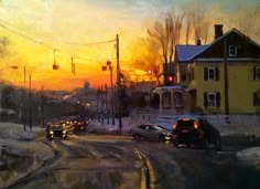 an oil painting of cars driving down a street at sunset or dawn with traffic lights in the foreground