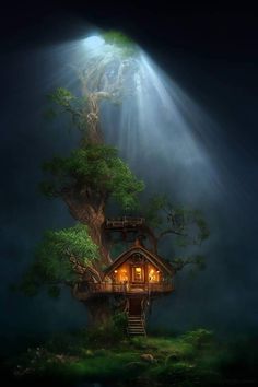 a tree house in the middle of a forest with sunlight streaming through it's branches