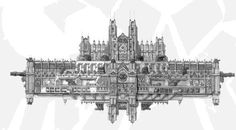 a drawing of a building with many spires and windows on it's side