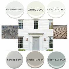 some white paint colors and their names on the side of a house with black windows