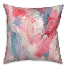 a pink and blue abstract painting pillow on a white background with the word love written across it