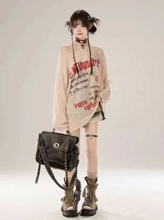 ❤︎アプリコットレイジーニットレタープリントオフショルダーロンT❤︎ Runway Fashion Looks, Stylish Outfits Casual, Slay Outfits, Crazy Outfits, Fresh Outfits, Korean Outfits, Character Outfits, Fashion Poses