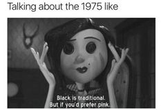 an animated doll with the caption talking about the 19's like black is traditional but if you'd prefer pink