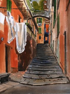 a painting of an alleyway with clothes hanging out to dry on the line,