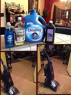 four pictures show different stages of cleaning with vacuums, bottles and other items on the table