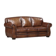 a brown leather couch sitting on top of a white floor