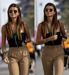 two pictures of a woman in brown pants and black top with sunglasses on her head