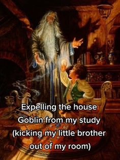 an image of the wizard and his child in front of a fireplace with text that reads,