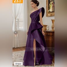 One Should Formal Gown In Grape Size 16. Never Worn. Elegant Purple Maxi Dress For Banquet, Purple Maxi Length Gown For Banquet, Purple Satin Gown For Formal Occasions, Formal Purple Satin Gown, Elegant Purple Gown For Banquet, Purple Satin Formal Gown, Purple Gown With Sweep Train For Banquet, Elegant Purple Bridesmaid Dress For Banquet, Purple One-shoulder Gown For Wedding