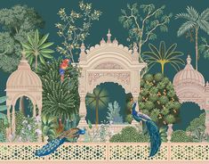 a painting of peacocks in a garden surrounded by palm trees and other tropical plants