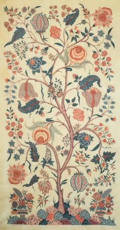 an embroidered tree with birds and flowers on it's branches, surrounded by leaves