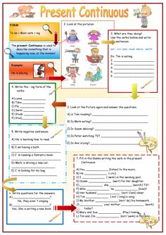 the present continuous tense worksheet is shown with an arrow pointing up to it