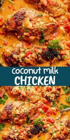 coconut milk chicken with tomatoes and parsley in a skillet