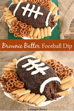 a football shaped brownie cake with pretzels on it and the words browns butter football dip