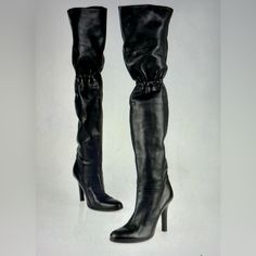 Like New,Jimmy Choo Leather Over Knee Boots.Semi-Pointed Toes,Block Heels With Platform. Button And Scrunch Details On Back,Black Soft Leather,Style: Jedi Thigh High. Adding Protection Sole,Dust Bag, Only Worn Once Inside In Restaurant. No Scratches And Visible Signs,Gorgeous And Sexy Looking. Circumstance: 15’’,Shaft:22”,Heels: 3.25” . Size 7.5( It 37.5) Classic Fitted Leather Heeled Boots, Fitted Leather Heels With Snip Toe, Luxury Fitted Heeled Boots With Snip Toe, Designer Fitted Boots With Closed Toe, Designer Fitted Heeled Boots With Almond Toe, Luxury Fitted Closed Toe Boots, Designer Fitted Boots With Padded Heel, Fitted Leather Heeled Boots With Closed Toe, Fitted Leather-lined Heeled Boots With Closed Toe