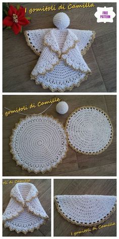 crocheted doily is shown with instructions to make it look like an angel