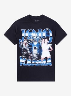 If you were a wild child  this tee is just for you! Rep JoJo Siwa's hit  "Karma " with this tee! Featuring a collage design inspired by the music video  plus JoJo's name and the track title printed in blue.100% cottonWash cold; dry lowImportedListed in men'sunisex sizes Jojo Siwa Karma Funny, Jojo T Shirt Design, Jojo Siwa Dti Outfit Karma, Jojo Siwa Karma Song, Karma By Jojo Siwa, Jojo Siwa Outfits, Location Icon, Music Tees, Jojo Siwa