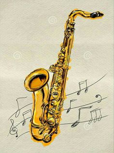 a drawing of a saxophone with musical notes in the background stock photo - image 3497