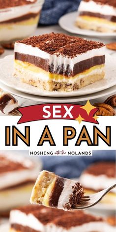 This recipe for Sex in a Pan is a perfect crowd pleaser! With layers of pudding and a creamy topping all above a cookie crust, what is not to love!! Layered Dessert, Pan Recipe, Dessert Bar Recipe, Homemade Donuts, Sweet Treats Recipes, Bar Recipes, Easy Cheesecake, Cookie Crust, Homemade Candies