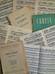 many old sheet music are laying on top of each other with the words chopin written in them