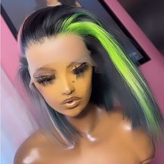 New “Ready To Wear” Manufactured Custom Jet Black Frontal Wig Unit. 1. Model Wig: Body Wave - 12inch 2. Hair Type: 100% Human Hair 3. Density: 180% 4. Hair Color: Light Pink, Green & Jet Black 5. Hairline: Pre - Plucked 6. Wig Strap: Adjustable 7. Circumference: 22.5 Inches - Standard 8. Lace: Transparent Lace 9. Lace Area: 13x4 Jet Black Frontal Wig, Black Frontal Wig, Teal Wig, Kelly Hair, Frontal Bob Wig, Black And Green Hair, Bartender Outfit, Hair Color Light, Frontal Bob