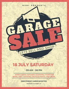 the garage sale flyer is shown in red and black, with an old - fashioned background