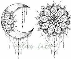 a drawing of the moon and stars with beads hanging from it's sides, in black and white