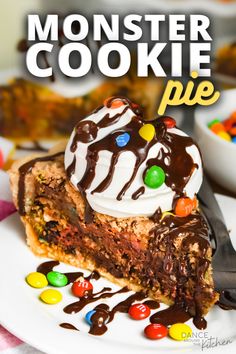 a slice of monster cookie pie on a plate