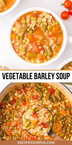 vegetable barley soup in a white bowl with a ladle full of vegetables and beans