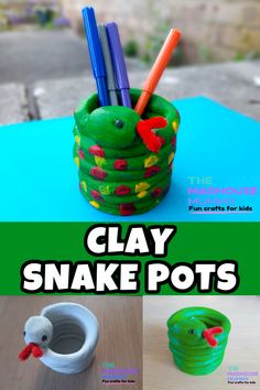 clay snake pots with markers and pencils in them for kids to use on crafts