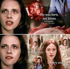 the twilight saga is shown in two different pictures, one with blood on her face