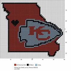 a cross stitch map of the state of north carolina in red and white, with an image of the team's logo on it