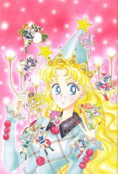 an anime character with blonde hair and blue eyes wearing a tiara, surrounded by other characters