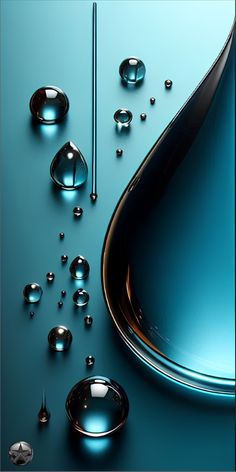 drops of water on a blue surface with one drop in the middle and two droplets below