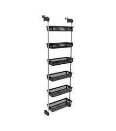 three tiered shelf with four baskets on each side and two wheels attached to the bottom