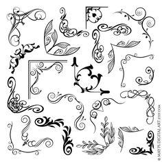 the letter f is made up of swirly vines and leaves, which are outlined in black on white