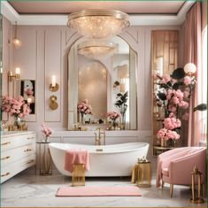 a bathroom decorated in pink and gold with flowers on the bathtub, chandelier and mirror