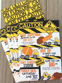 construction themed birthday party invitations on wood