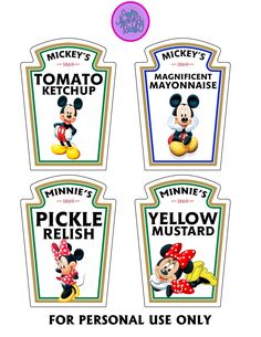 four mickey mouse stickers are shown in three different colors and sizes, including one for personal use only