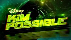 the logo for disney's kim possible show is shown in green and yellow colors