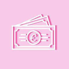 a stack of money sitting on top of a pink background with the letter e in it's center