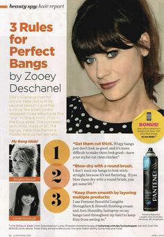 Zooey Deschanel Hair Bangs, Fringe Styling Tips, How To Take Care Of Bangs, How To Style Thick Bangs, Bangs Zooey Deschanel, Zooey Deschanel Bangs, Heavy Bangs Long Hair, Types Of Bangs Chart, Bangs For Chubby Face