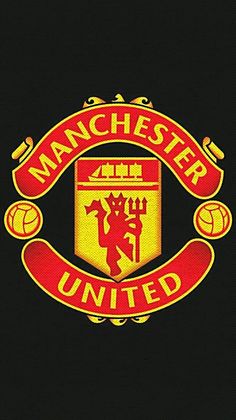 the manchester united logo is shown on a black background with red and yellow lettering that reads,