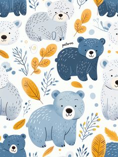 bears and leaves on a white background with the word patterns written below them in gold, blue, and grey colors