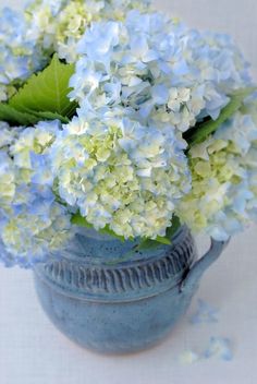 a blue vase filled with lots of white and blue hydrangeas on top of a table